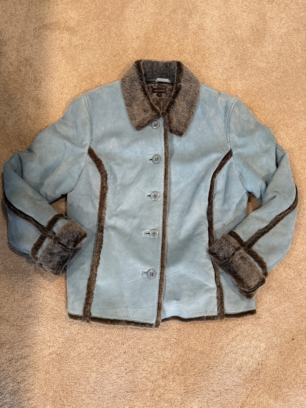New Frontier Light Blue Suede Jacket with Brown Fur Trim